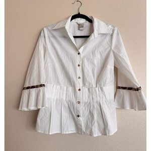 Vintage NEXX White Button Down Blouse M Leopard Print Sleeve Coquette Boho Y2K